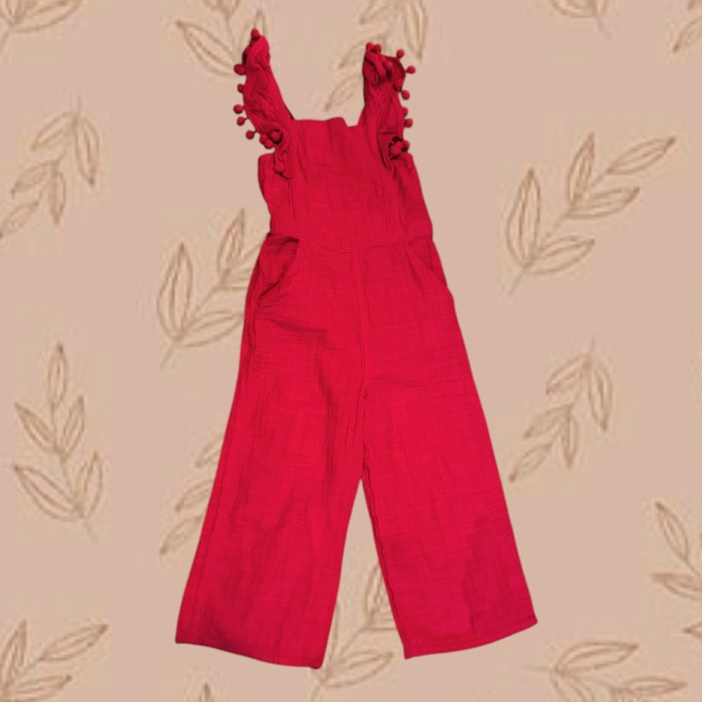 Red jumpsuit overall linen red Valentine’s Day Pom Pom girls